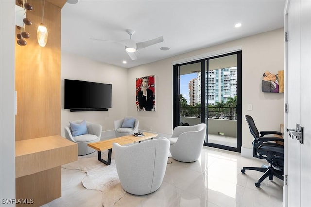 living room featuring ceiling fan