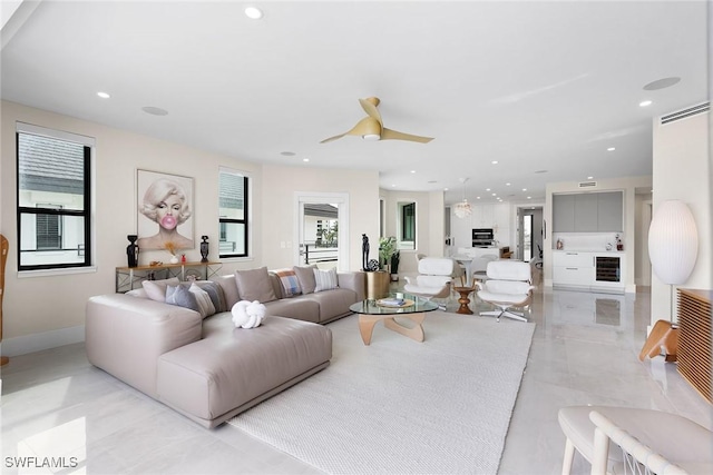 living room with ceiling fan