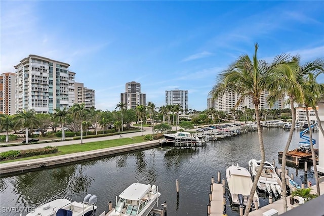 property view of water featuring a boat dock