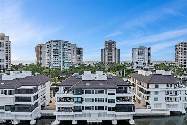 drone / aerial view with a water view