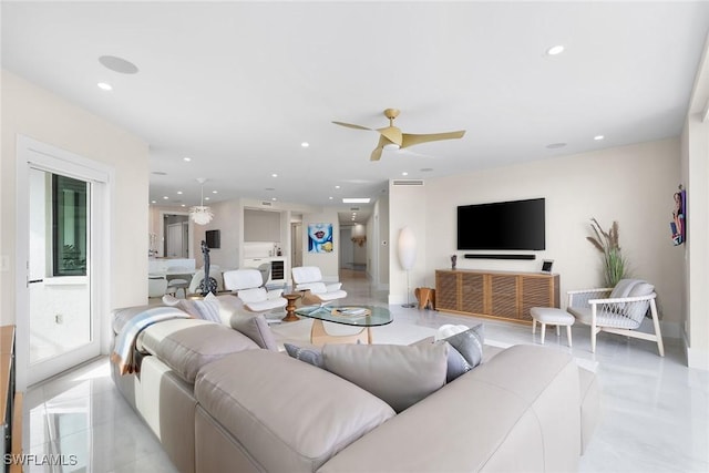 living room featuring ceiling fan