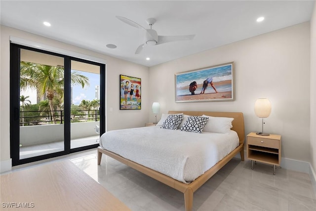 bedroom featuring ceiling fan and access to outside