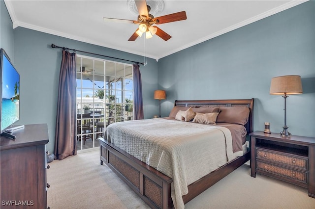 bedroom featuring light carpet, access to outside, ornamental molding, and a ceiling fan