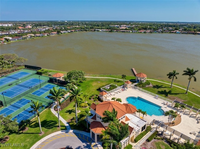 birds eye view of property featuring a water view