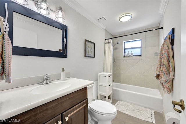 full bathroom with vanity, crown molding, shower / bathtub combination with curtain, tile patterned flooring, and toilet