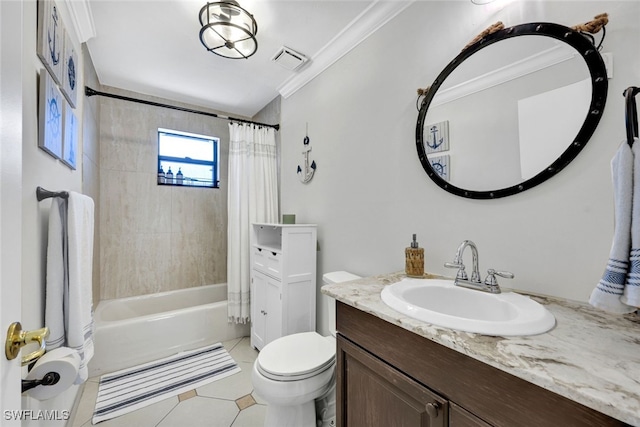 full bathroom with vanity, tile patterned floors, toilet, shower / bath combo with shower curtain, and ornamental molding