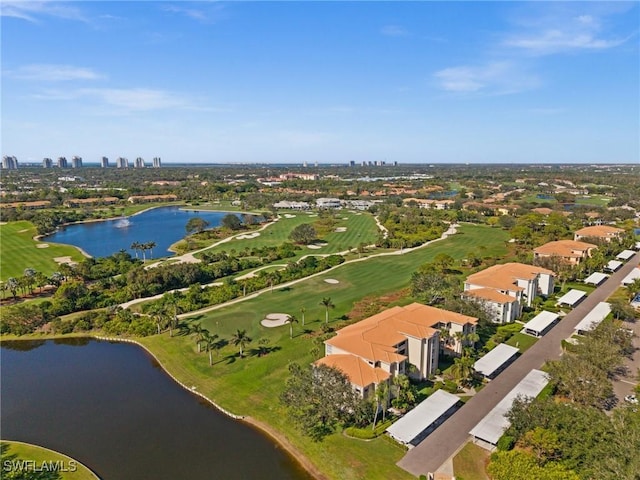 aerial view featuring a water view and a city view