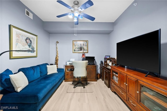 office with a ceiling fan, visible vents, and light wood finished floors