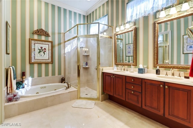 bathroom with crown molding, tile patterned flooring, vanity, and shower with separate bathtub