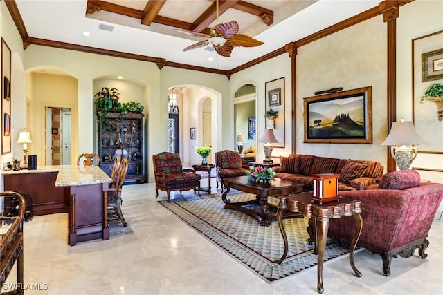 living room with beam ceiling, ceiling fan, crown molding, and coffered ceiling