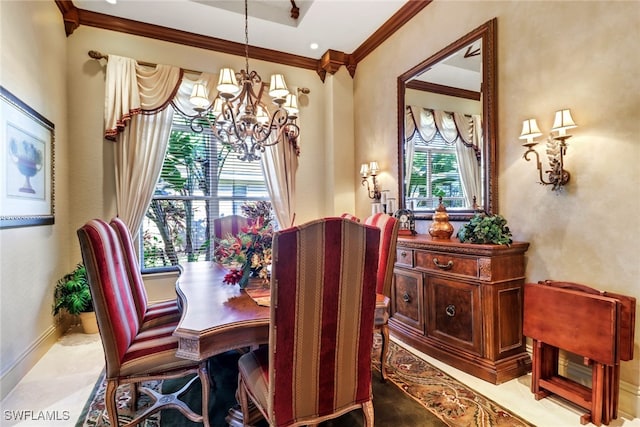 dining space featuring crown molding, plenty of natural light, and a notable chandelier