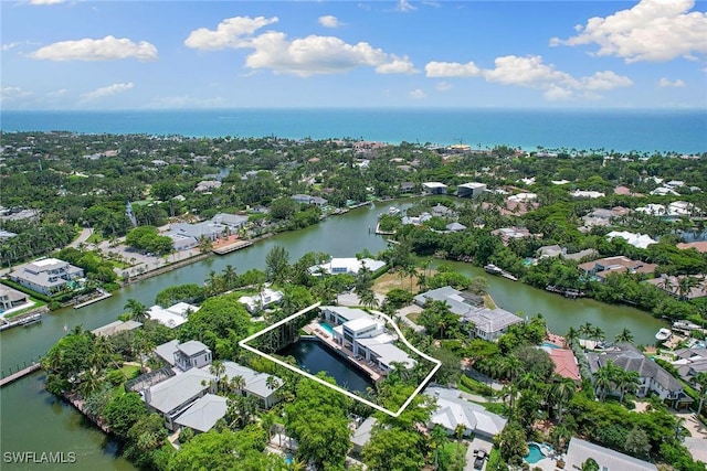 drone / aerial view featuring a water view
