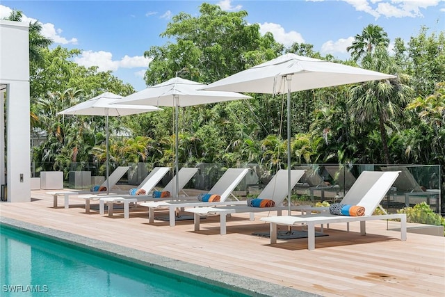 view of swimming pool featuring a deck, fence, and a fenced in pool