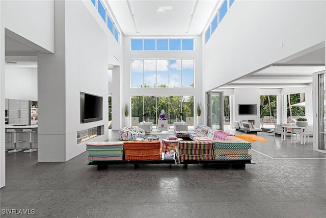 living area with a high ceiling