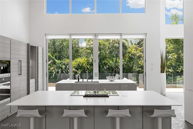 kitchen with modern cabinets, stainless steel oven, a sink, and a kitchen breakfast bar