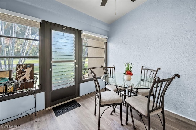 dining space with wood-type flooring, vaulted ceiling, ceiling fan, and a healthy amount of sunlight