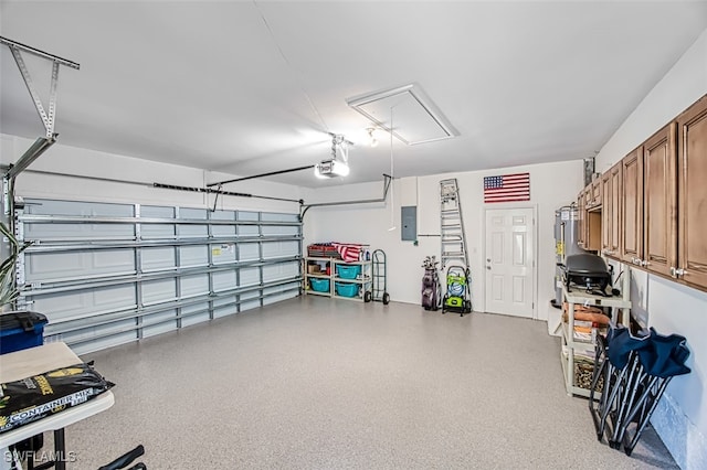 garage featuring electric panel and a garage door opener