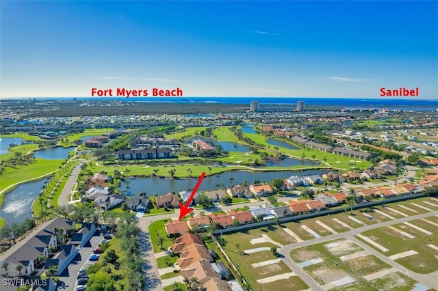 aerial view featuring a water view