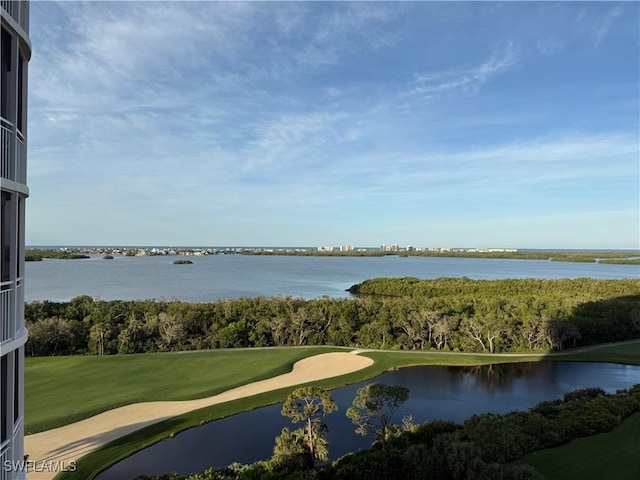 view of home's community featuring a lawn and a water view