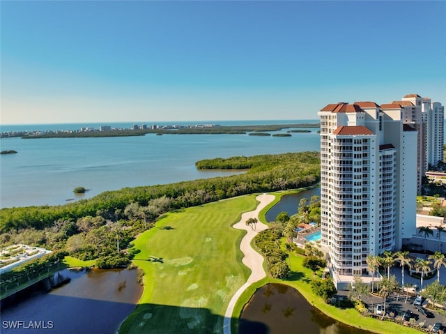 birds eye view of property with a water view