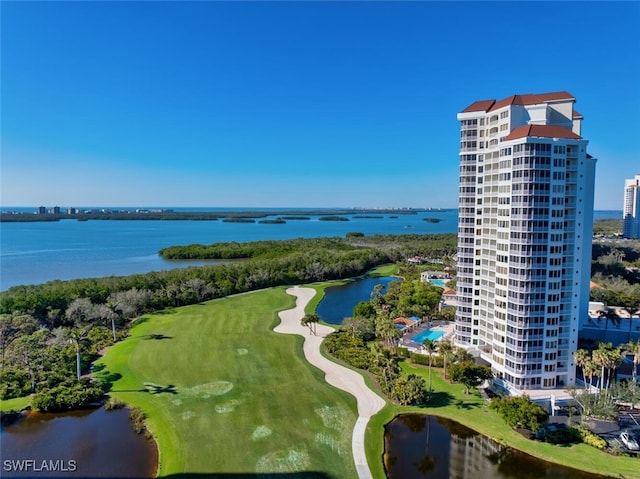 drone / aerial view with a water view