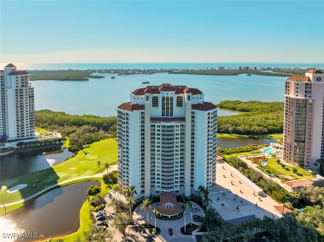 bird's eye view with a water view