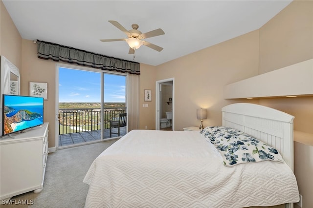 bedroom featuring access to outside, ceiling fan, and carpet flooring