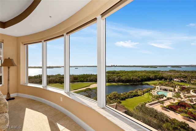 sunroom with a water view and a wealth of natural light