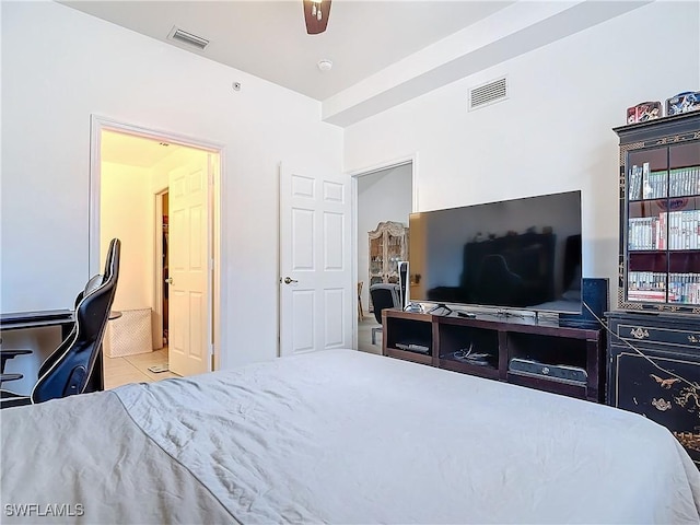 bedroom featuring ceiling fan and light tile patterned flooring