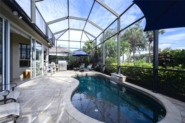 view of swimming pool with an outdoor kitchen, area for grilling, a patio, and glass enclosure