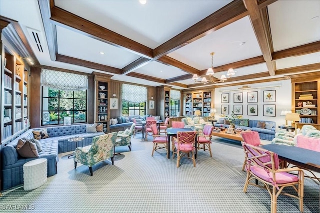 interior space featuring coffered ceiling, carpet flooring, beamed ceiling, and an inviting chandelier