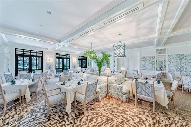 dining area with beam ceiling, french doors, light colored carpet, and coffered ceiling