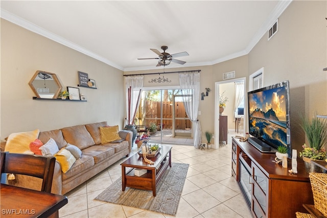 tiled living room with ceiling fan and ornamental molding