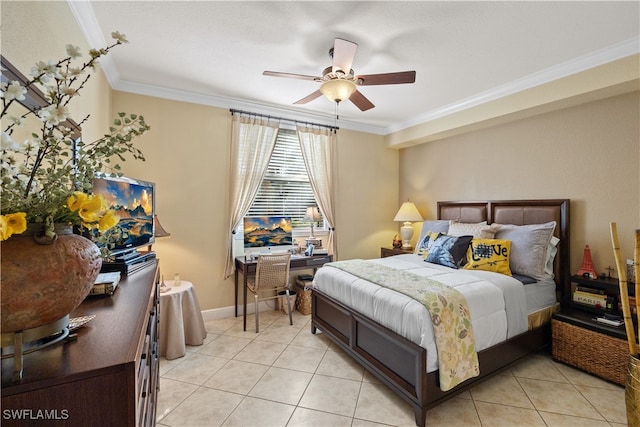 tiled bedroom with ceiling fan and crown molding