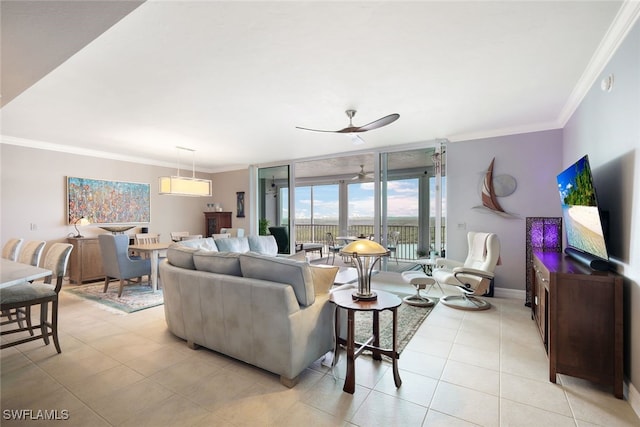 tiled living room with floor to ceiling windows, crown molding, and ceiling fan