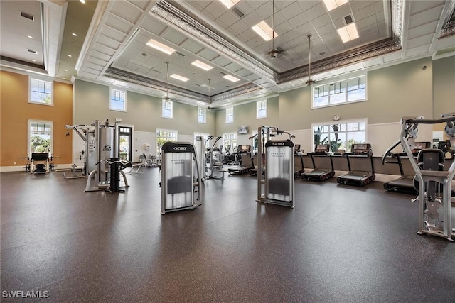 gym with a healthy amount of sunlight, a high ceiling, and a tray ceiling