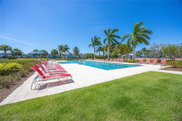 view of swimming pool featuring a patio area and a yard