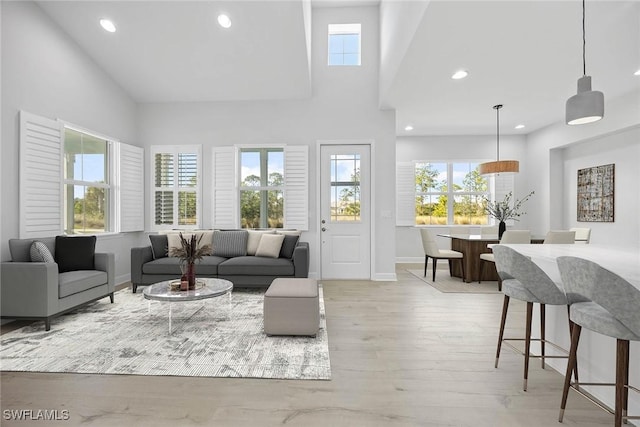 living room with light hardwood / wood-style floors and a towering ceiling