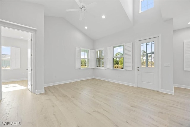 interior space with light hardwood / wood-style flooring, high vaulted ceiling, and ceiling fan