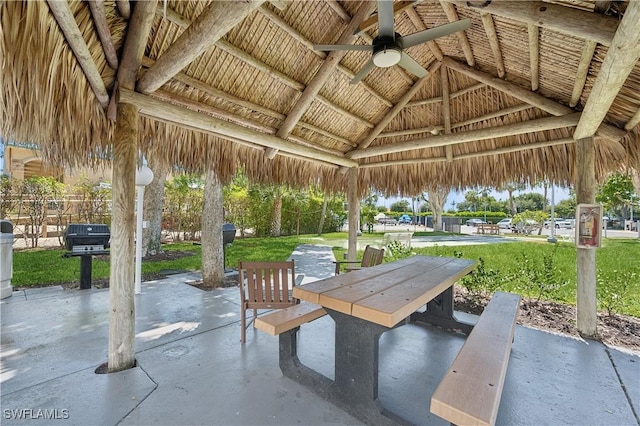 view of patio / terrace featuring a gazebo, a grill, and ceiling fan