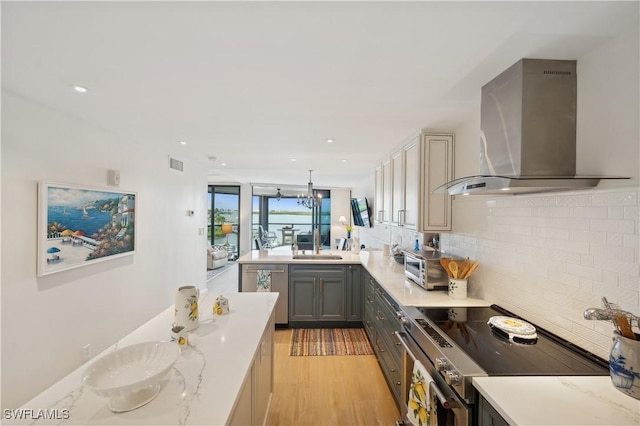 kitchen with gray cabinetry, wall chimney exhaust hood, stainless steel appliances, backsplash, and kitchen peninsula