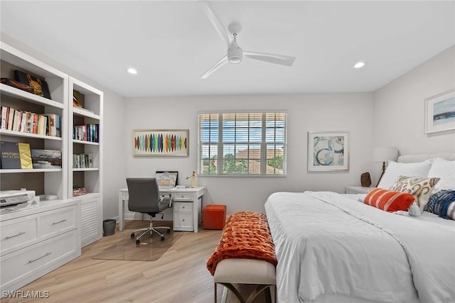 bedroom featuring ceiling fan and light wood-type flooring