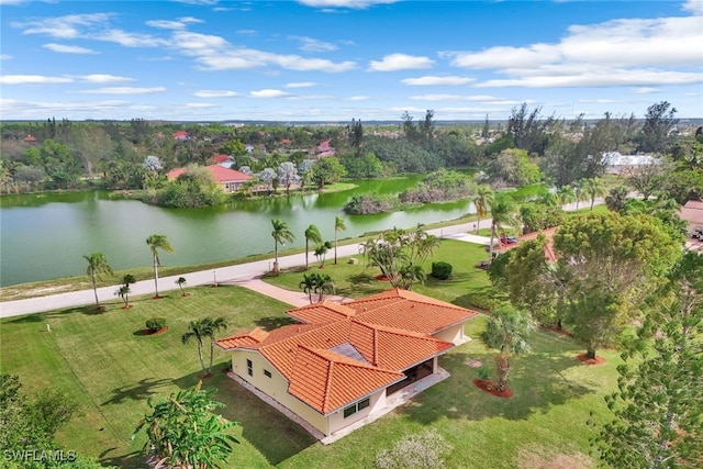 bird's eye view with a water view