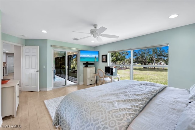 bedroom with ceiling fan, light hardwood / wood-style floors, and access to outside