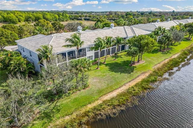 drone / aerial view featuring a water view