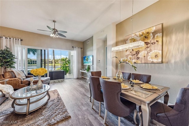 dining area featuring ceiling fan and hardwood / wood-style flooring