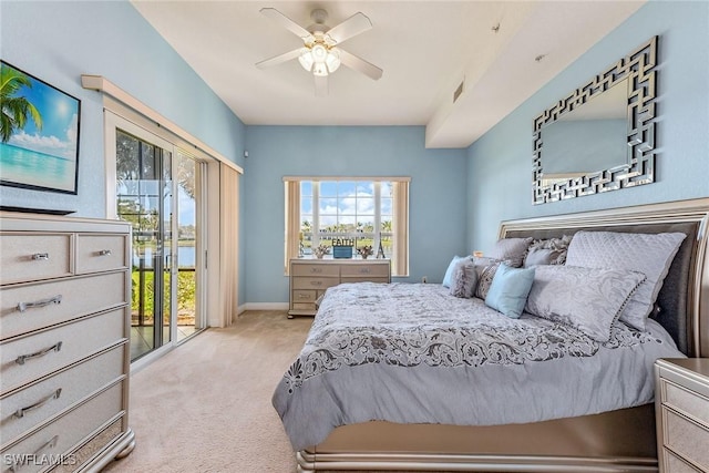 9275 Museo Cir Unit 103, Naples, FL 34114 - carpeted bedroom with baseboards, access to exterior, visible vents, and a ceiling fan