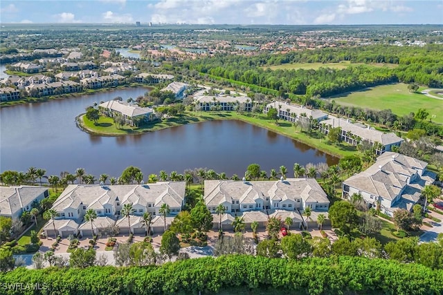 drone / aerial view featuring a water view