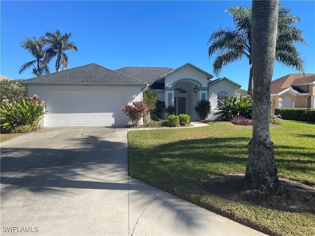 ranch-style home with a garage and a front yard