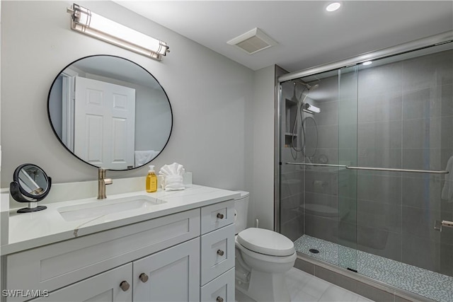 bathroom featuring toilet, visible vents, a stall shower, and vanity